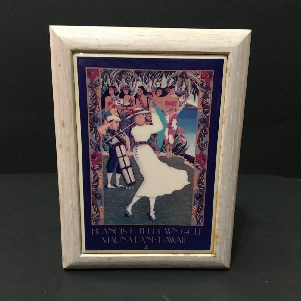 Lovely Wood Musical Jewelry Box Base With Rare Ceramic Graphic Art Tile Inlay